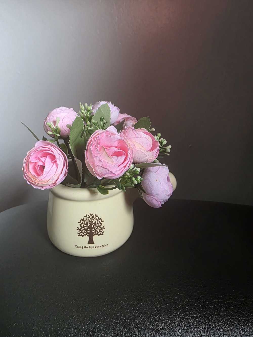 Cream Decorative Ceramic Vase with Pink Artificial Flowers